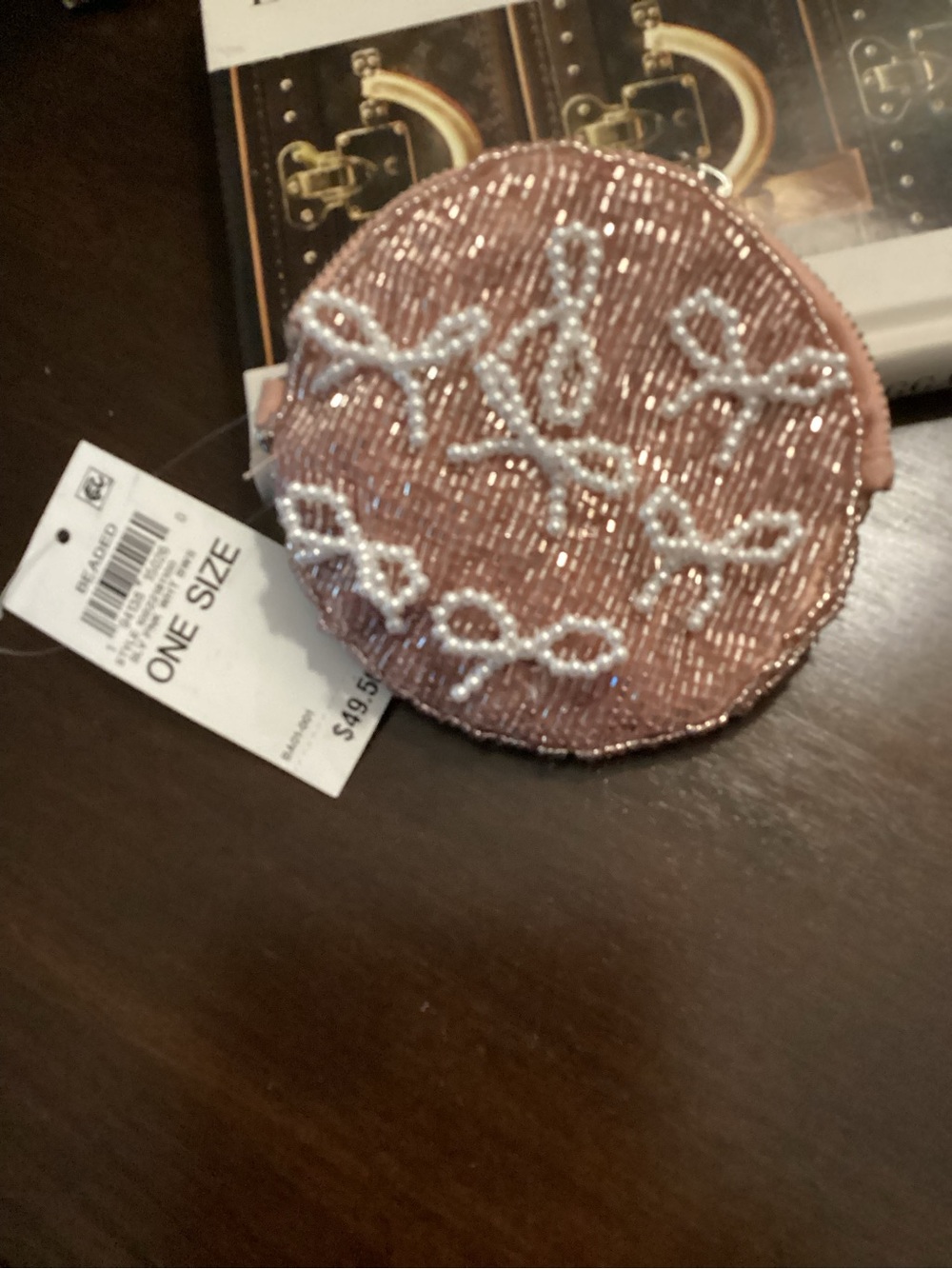 Embellished Round Pink Beaded Coin Pouch - One Size